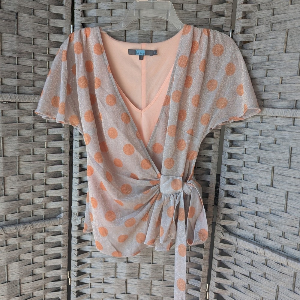 Eva Franco Metallic Polka Dot Wrap Layered Top Peach Silver Shimmer V-Neck Sz‎ S